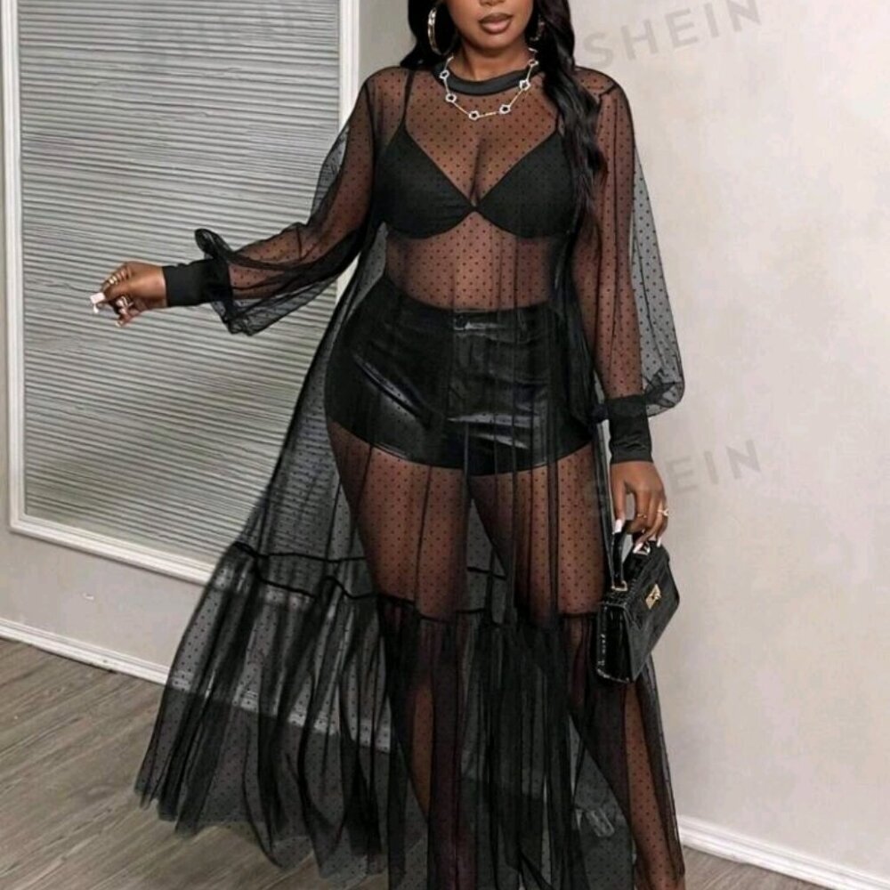 Slayr Plus Size Sheer Dot Mesh Loose A-Line Dress In Black
